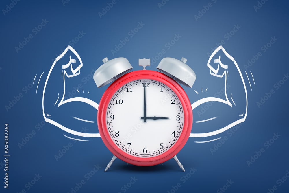 Poster 3d rendering of alarm clock flexing arms on blue background