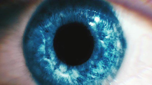 Zooming in eye pupil. Closeup animation of blue eyes.