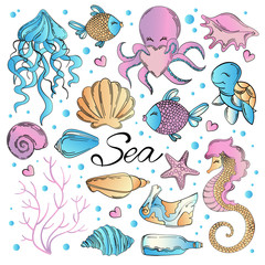 UNDERWATER KINGDOM Travel Tropical Vector Illustration Set for Print, Fabric and Decoration. © FARAWAYKINGDOM