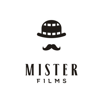 Vintage Bowler Masculine Man Hat with negative film stripes and gentleman mustache for movie cinema production studio logo design
