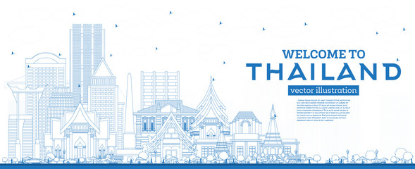 Naklejka premium Outline Welcome to Thailand City Skyline with Blue Buildings.