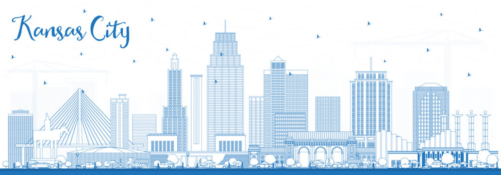 Outline Kansas City Missouri Skyline with Blue Buildings.