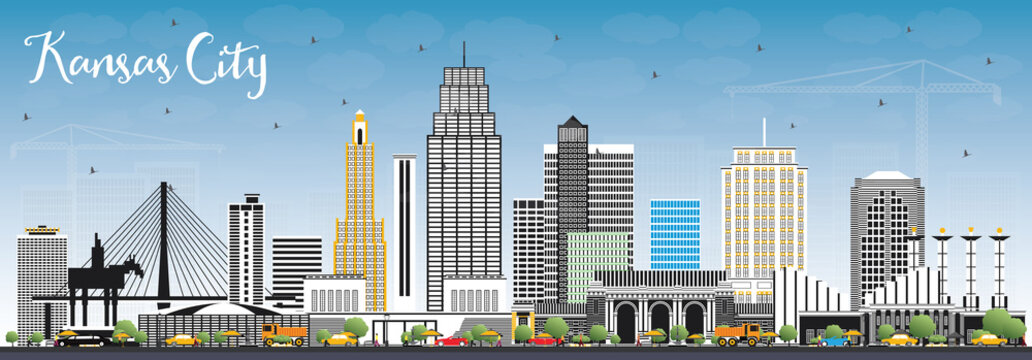Kansas City Missouri Skyline with Color Buildings and Blue Sky.