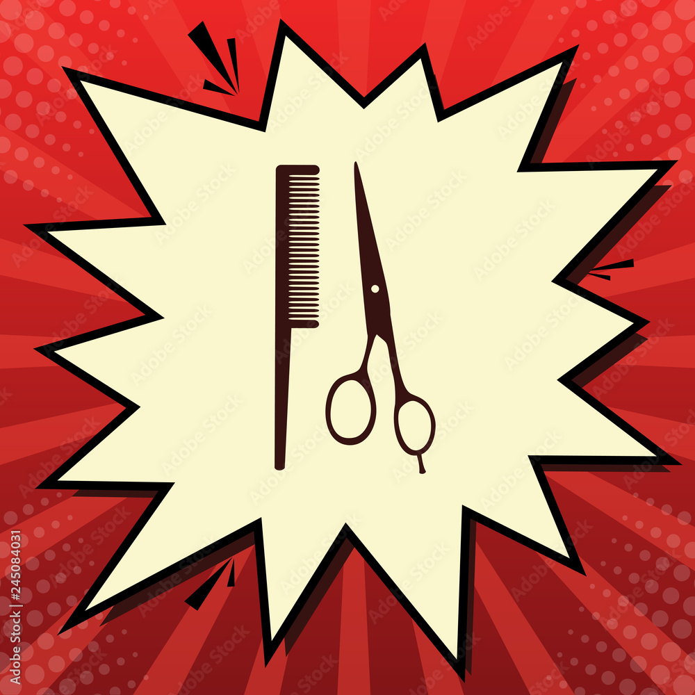 Poster barber shop sign. vector. dark red icon in lemon chiffon shutter bubble at red popart background wit