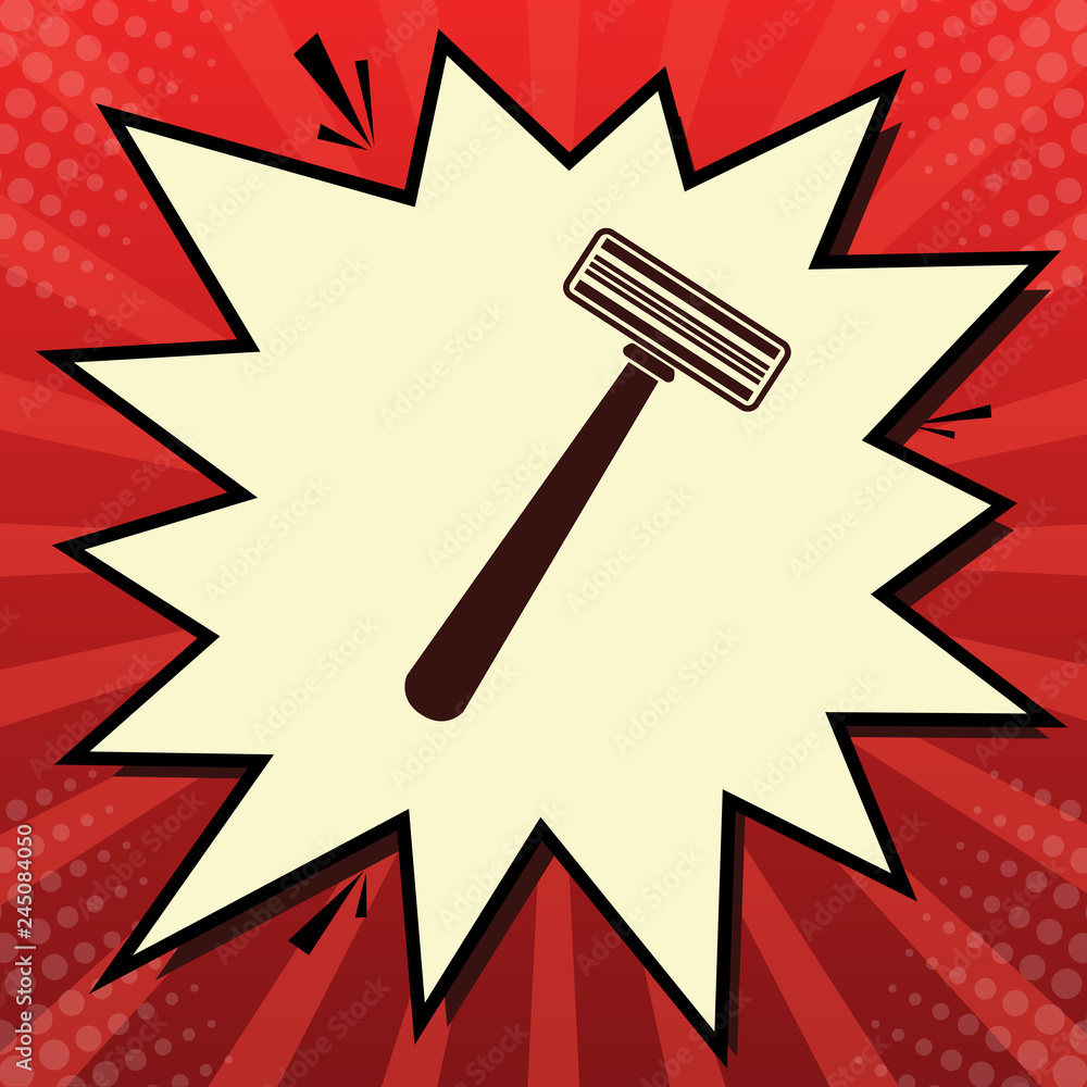 Poster safety razor sign. vector. dark red icon in lemon chiffon shutter bubble at red popart background wi