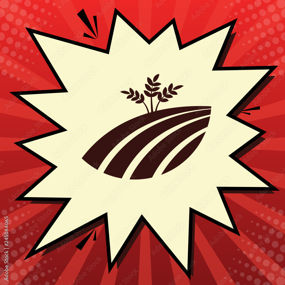 Poster wheat field sign. vector. dark red icon in lemon chiffon shutter bubble at red popart background wit