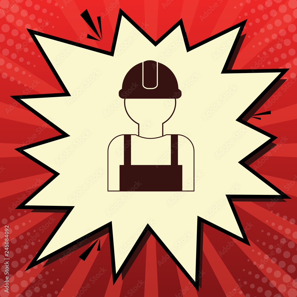 Aufkleber worker sign. vector. dark red icon in lemon chiffon shutter bubble at red popart background with ray