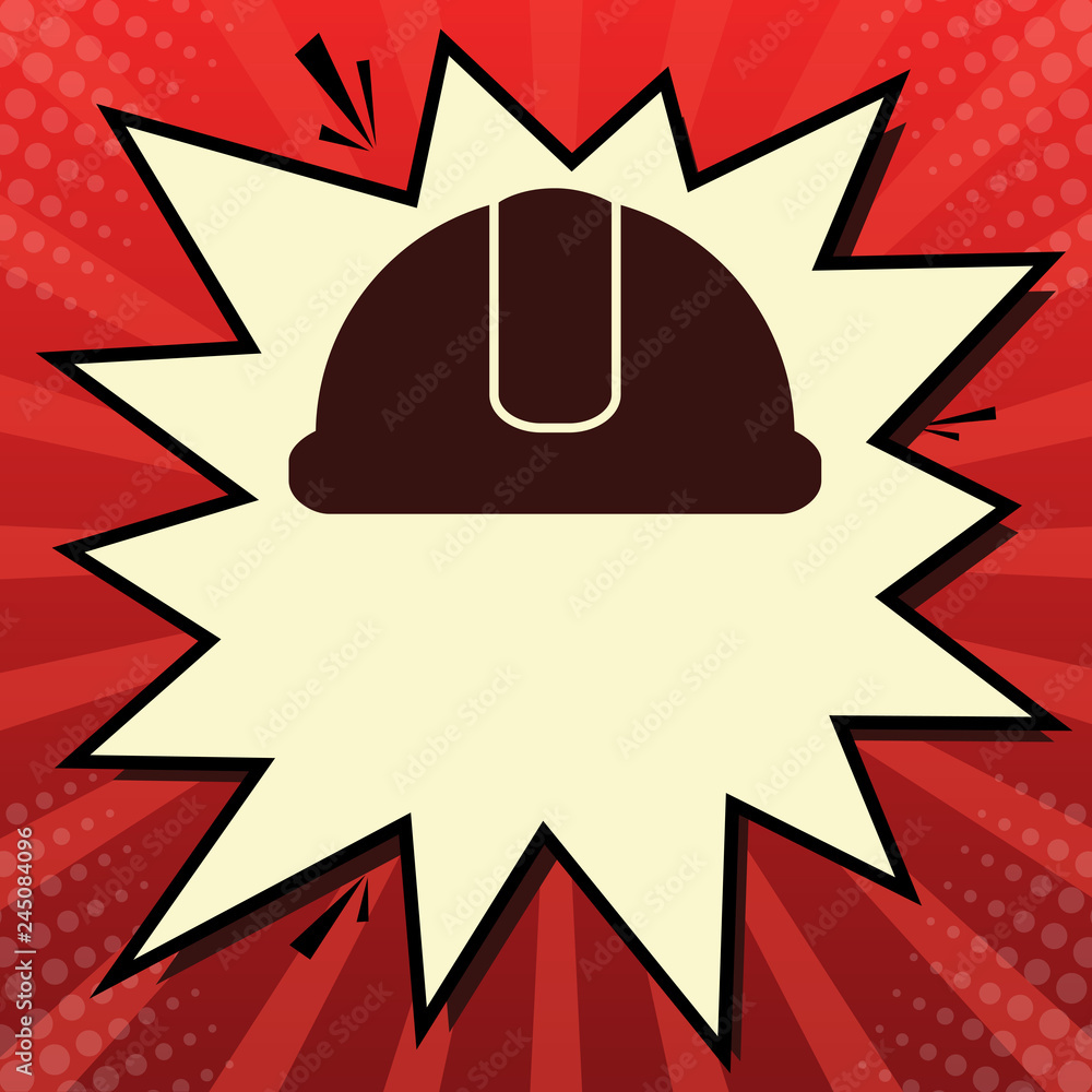 Poster hardhat sign. vector. dark red icon in lemon chiffon shutter bubble at red popart background with ra