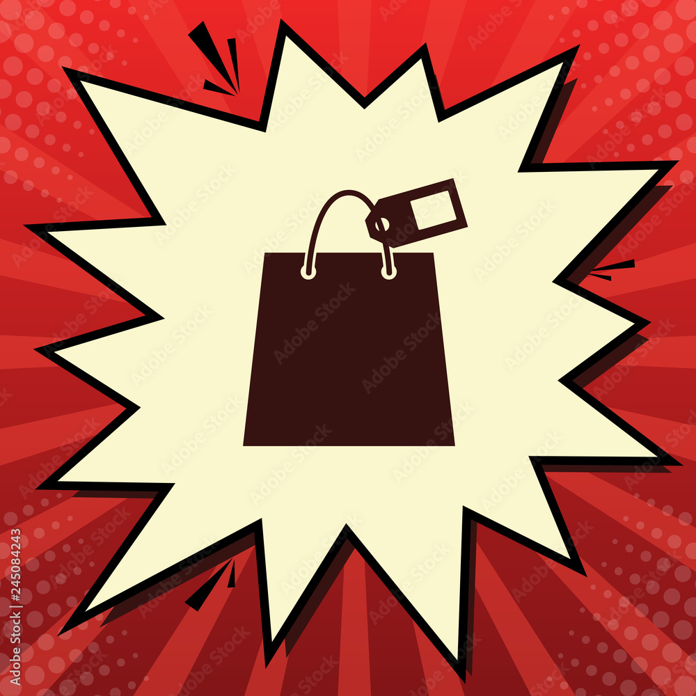 Poster shopping bag sign with tag. vector. dark red icon in lemon chiffon shutter bubble at red popart back