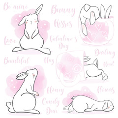 Cute rabbit in cartoon style set. Valentines day theme. Hand drawn lettering. Vector illustration. Elements for greeting card, poster, banners. T-shirt, notebook and sticker design