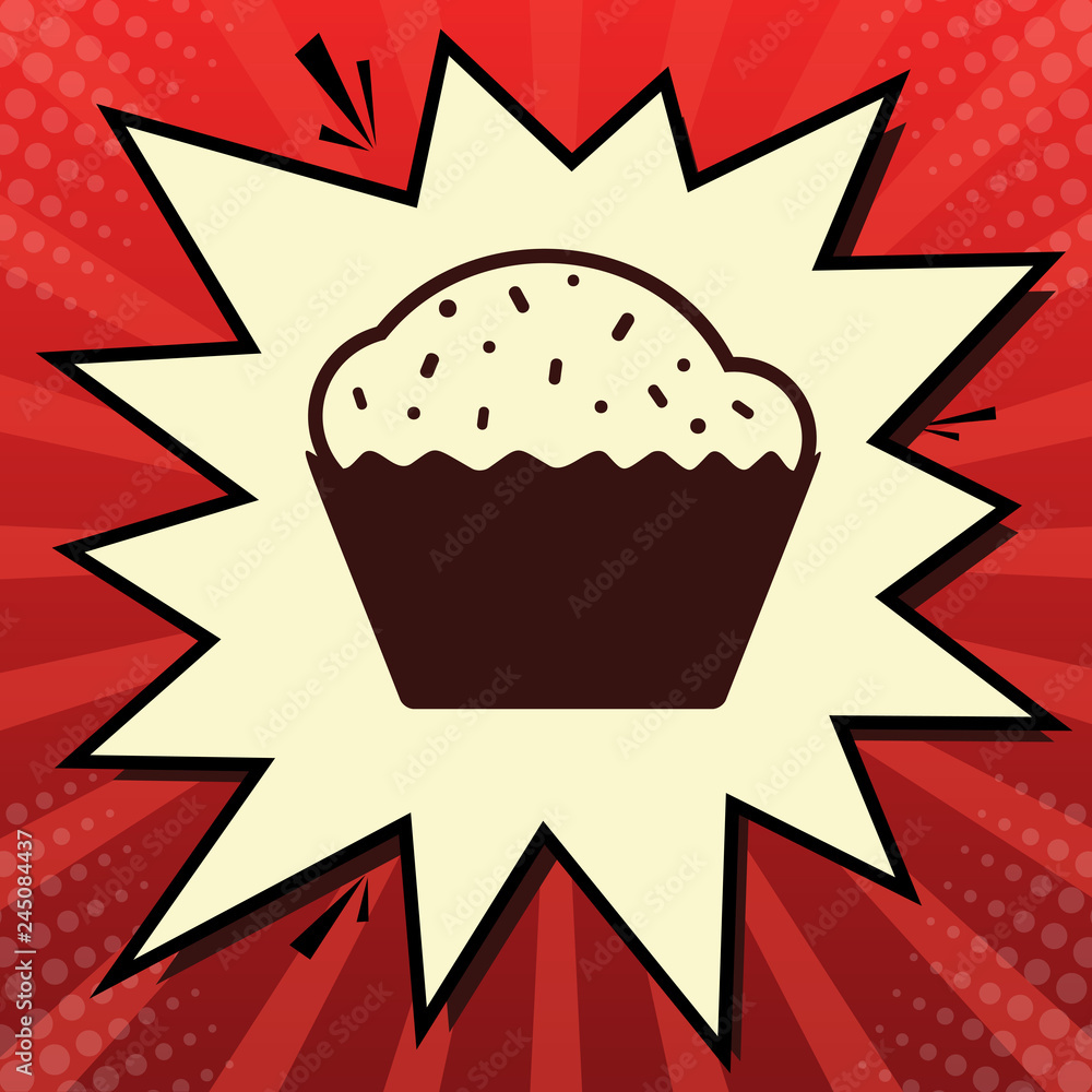 Aufkleber cupcake sign. vector. dark red icon in lemon chiffon shutter bubble at red popart background with ra