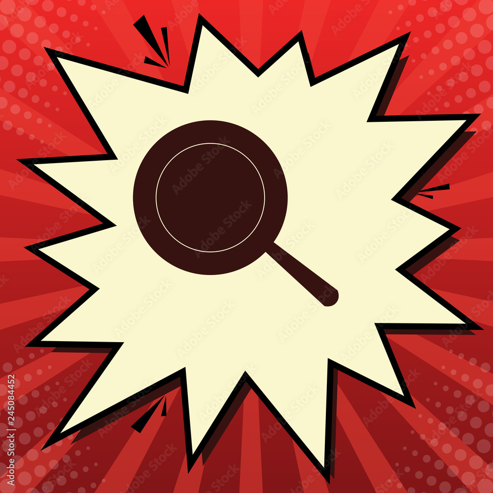 Poster pan sign. vector. dark red icon in lemon chiffon shutter bubble at red popart background with rays. 
