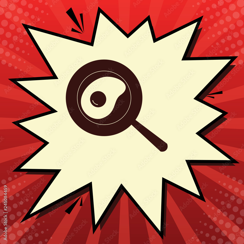 Aufkleber omelet at pan icon. vector. dark red icon in lemon chiffon shutter bubble at red popart background w