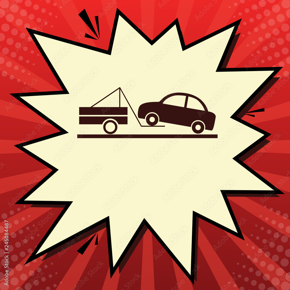 Poster tow truck sign. vector. dark red icon in lemon chiffon shutter bubble at red popart background with 