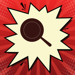 Pan sign. Vector. Dark red icon in lemon chiffon shutter bubble at red popart background with rays. Illustration.