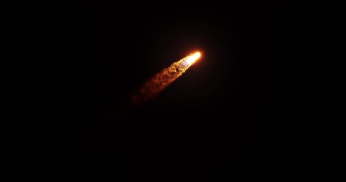 Rocket flying into space at night with bright exhaust trail flames and smoke.