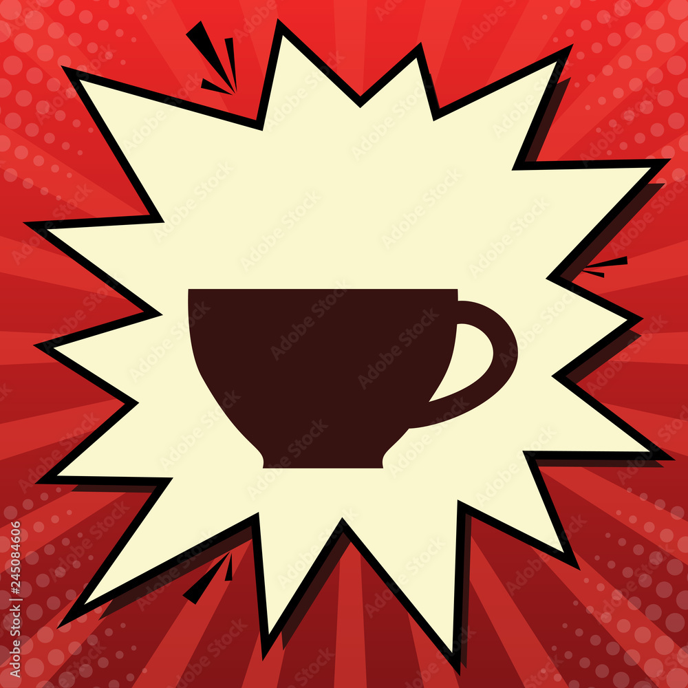 Poster cup sign. vector. dark red icon in lemon chiffon shutter bubble at red popart background with rays. 