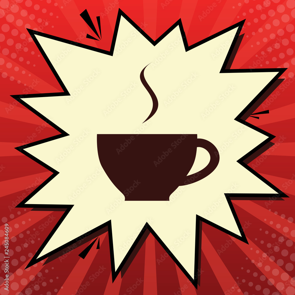 Poster cup sign with one small stream of smoke. vector. dark red icon in lemon chiffon shutter bubble at re