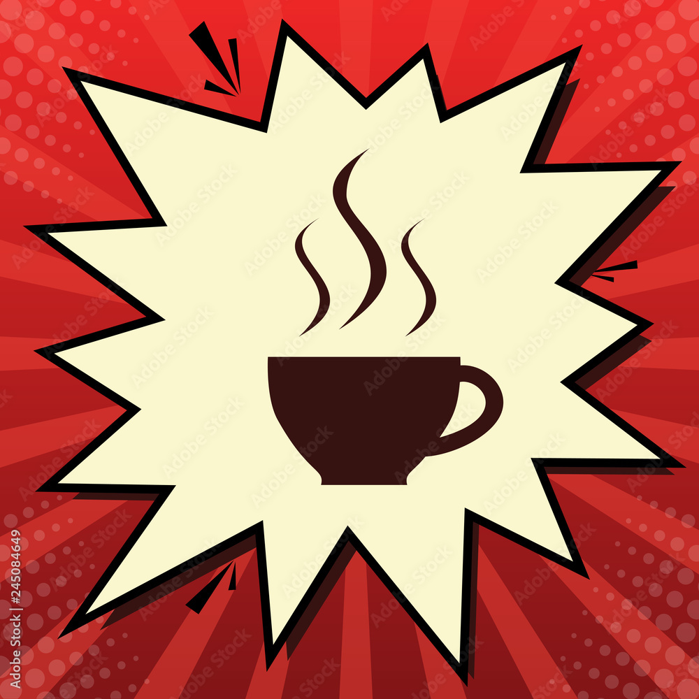 Poster cup sign with three small streams of smoke. vector. dark red icon in lemon chiffon shutter bubble at