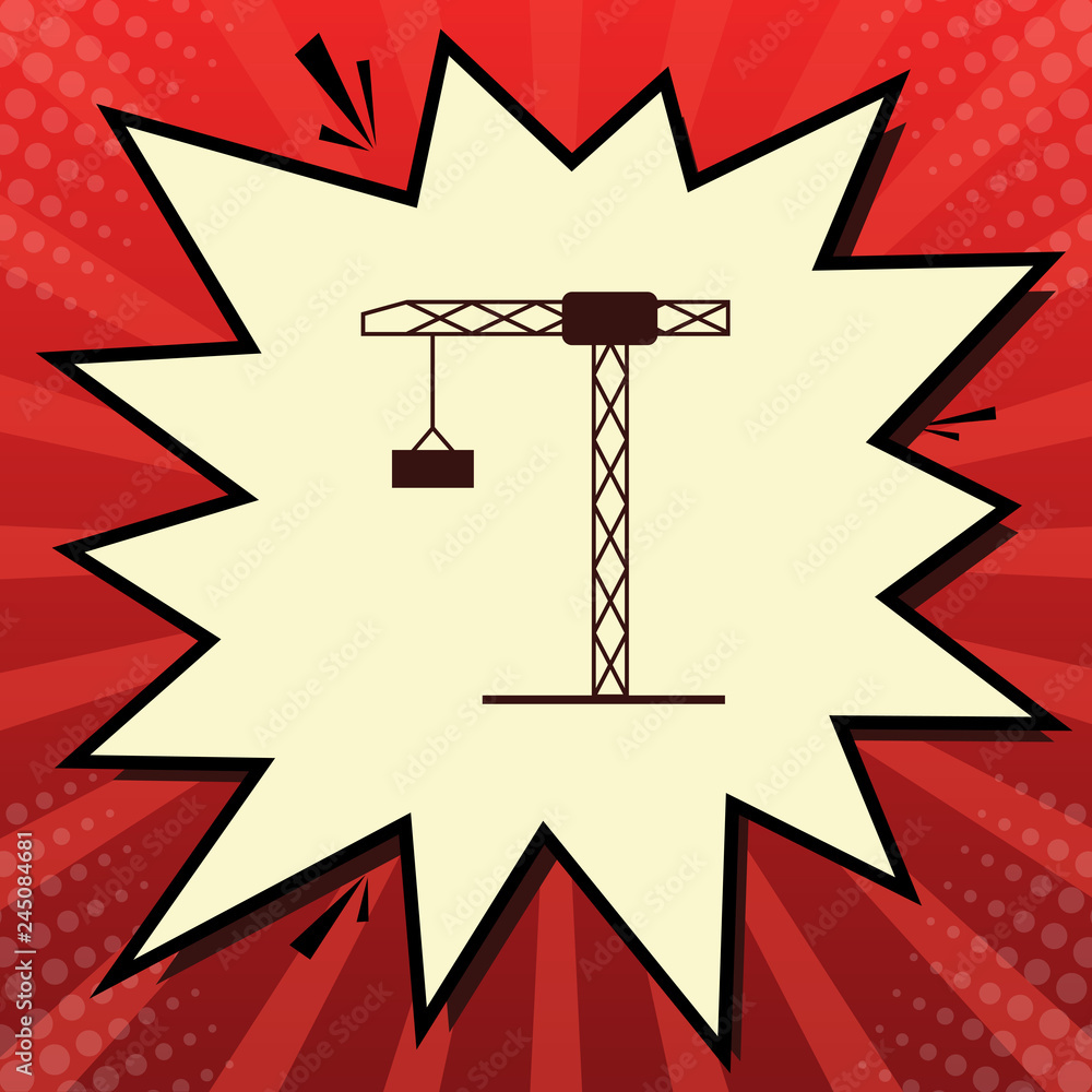 Poster construction crane sign. vector. dark red icon in lemon chiffon shutter bubble at red popart backgro