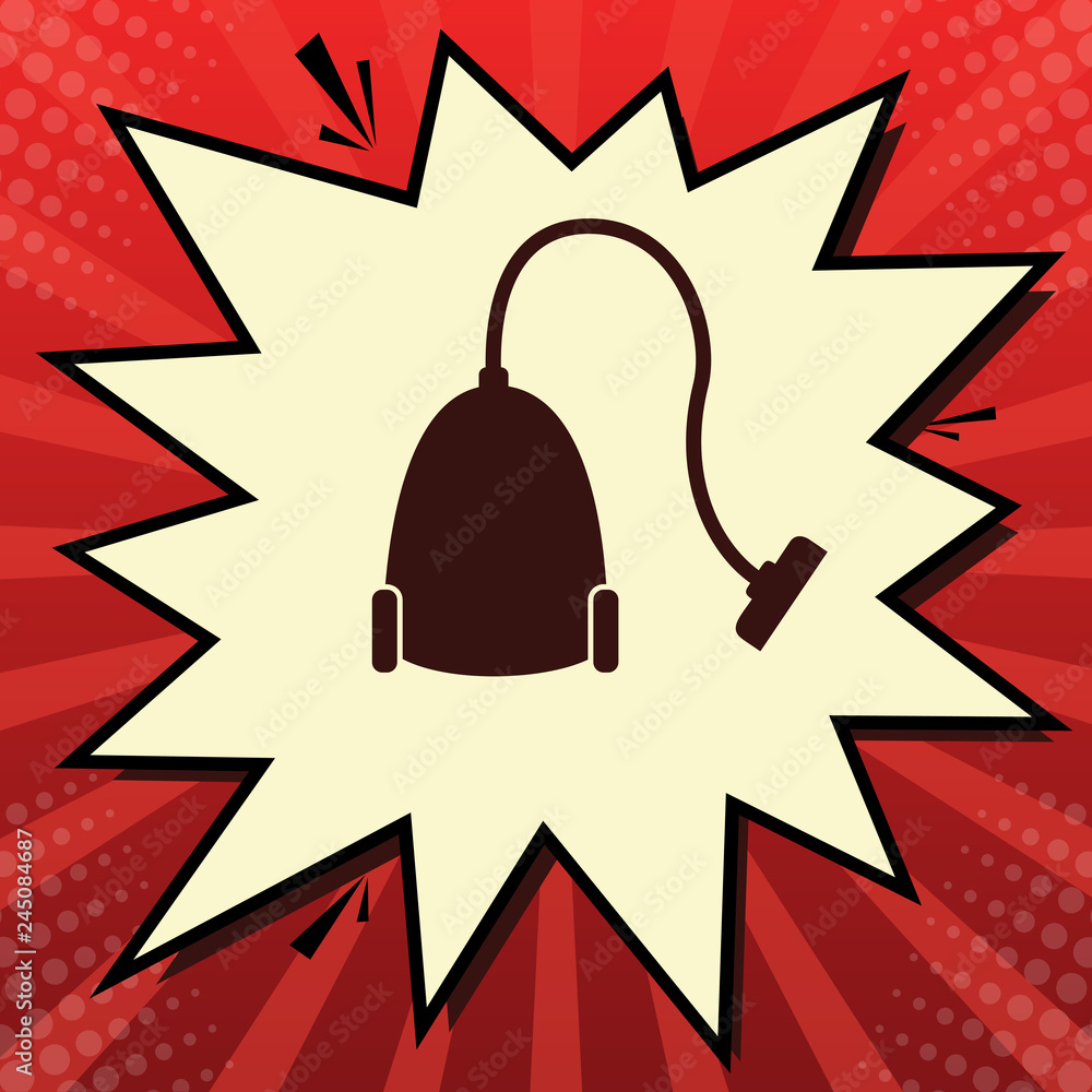 Poster vacuum cleaner sign. vector. dark red icon in lemon chiffon shutter bubble at red popart background 