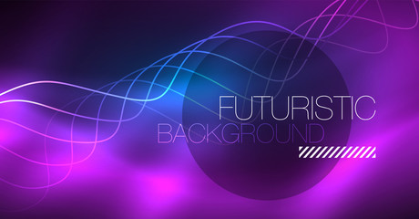 Glowing abstract wave on dark, shiny motion, Christmas and New Year magic space light. Techno abstract background