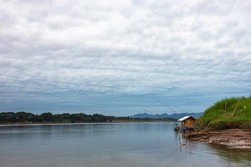 Fototapeta na wymiar The Floating Fishing and sky on the Mekong River at Loei in Thailand.
