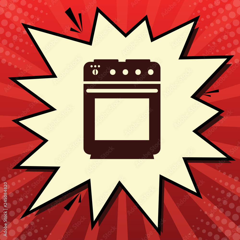 Poster stove sign. vector. dark red icon in lemon chiffon shutter bubble at red popart background with rays