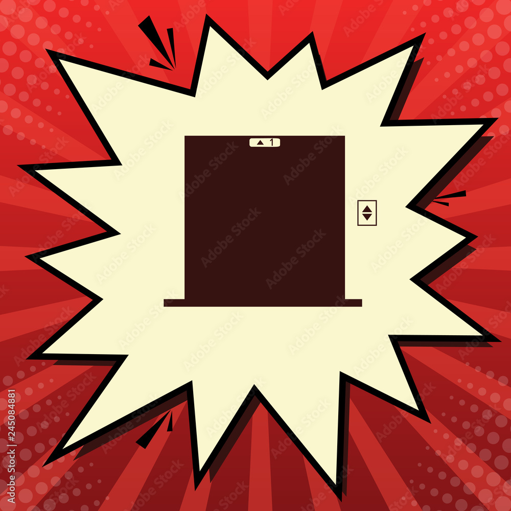 Poster elevators door sign. vector. dark red icon in lemon chiffon shutter bubble at red popart background 