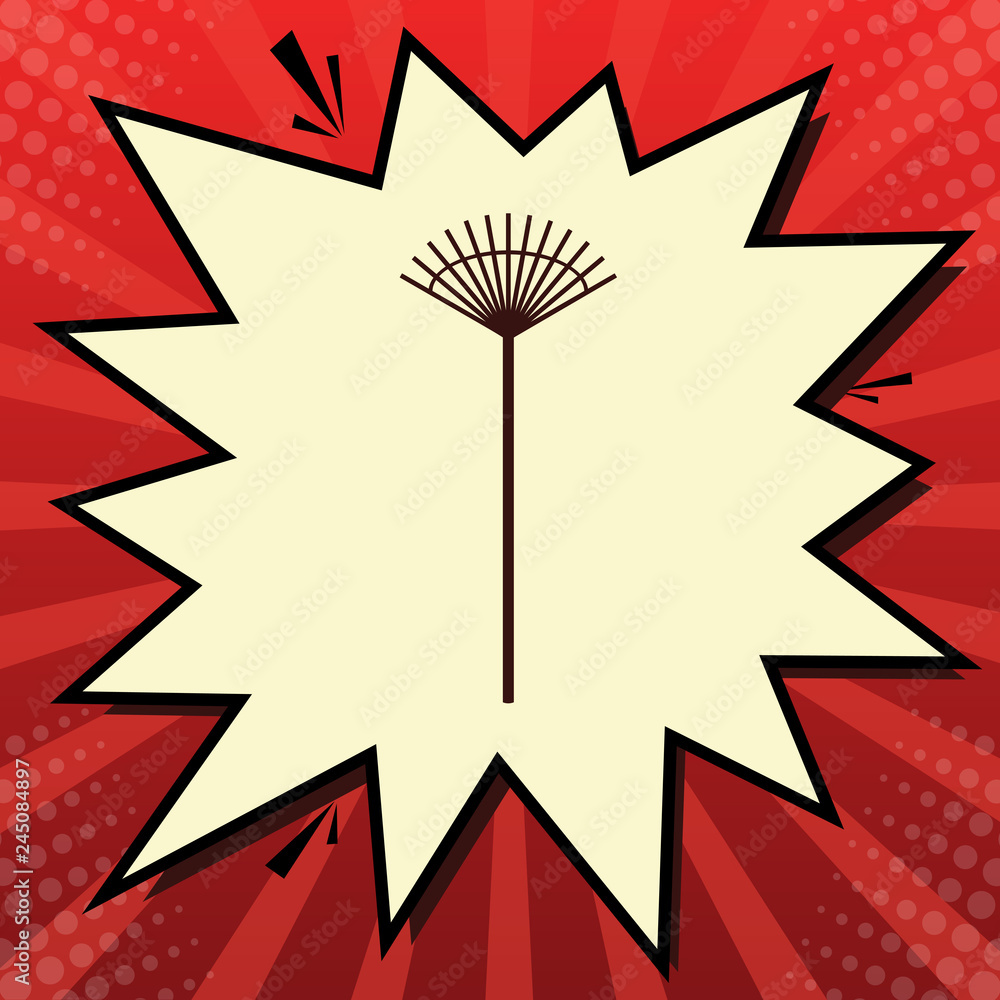 Poster lawn rake sign. vector. dark red icon in lemon chiffon shutter bubble at red popart background with 