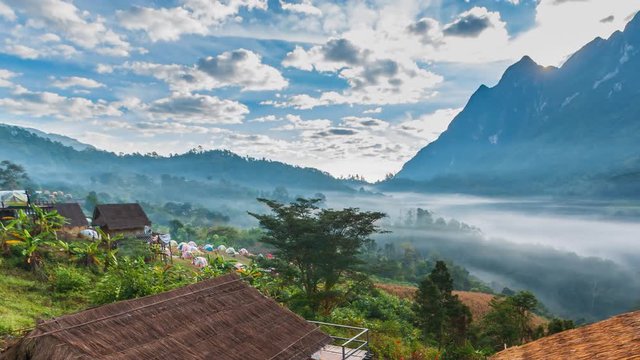 Doi Luang Chiang Dao Mountains Sunrise Beautiful Misty Floating Landmark Nature Travel Place Of Chiang Mai, Thailand 4K Time Lapse (pan shot)