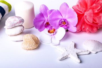 A set up of wellness items, a candle, stones, a beauty sponge, a sea star, towel, flowers, a natural sponge