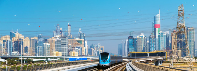 Dubai skyline Lines Metro train