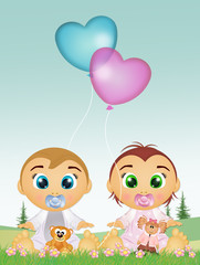 cute illustration of babies with hearts balloons