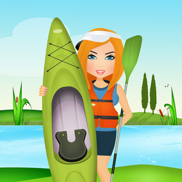 illustration of girl with a kayak on river