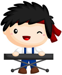 a boy playing music with his keyboard