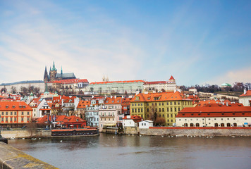 Fototapeta na wymiar Prague, Czech Republic, View of Hradcany Castle from Charles Bridge. Hradcany Castle is the historic residence of Czech kings and princes