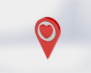 Fototapeta premium LOCATION pin glossy heart-shaped red arrow. The concept of Tagging needle attractions to the destination. Separately on a white background 3D rendering 3D. 