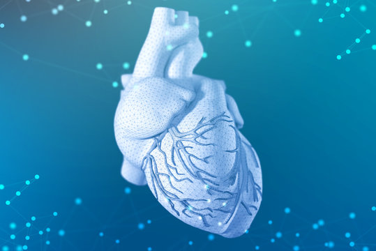 3d illustration of human heart on futuristic blue background. Digital technologies in medicine