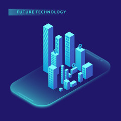 Smartphone with graphs in isometric design style on colored background. Graphic concept for your design.