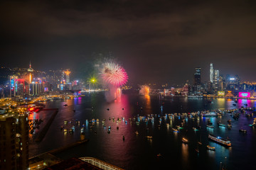 Aerial view of the famous new year fireworks of Victoria Harbor