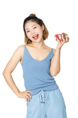 Chinese woman holding bowl of strawberries isolated on white background