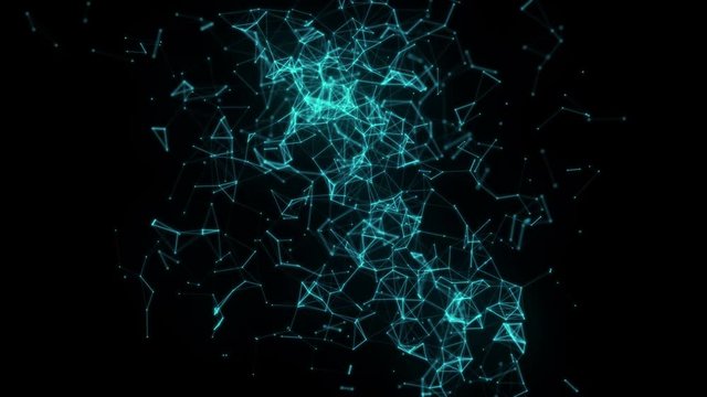 4K. Animation of Low poly chain connection lines with triangles. Glowing blue structure. Technology background