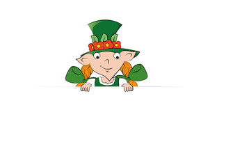 Happy Saint Patrick day card template. Leprechaun girl in green hat. Vector illustration.