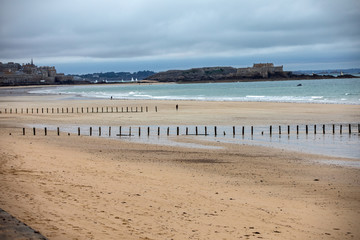 Saint-Malo, France - September 12, 2018: View of beach and old town of Saint-Malo. Brittany, France