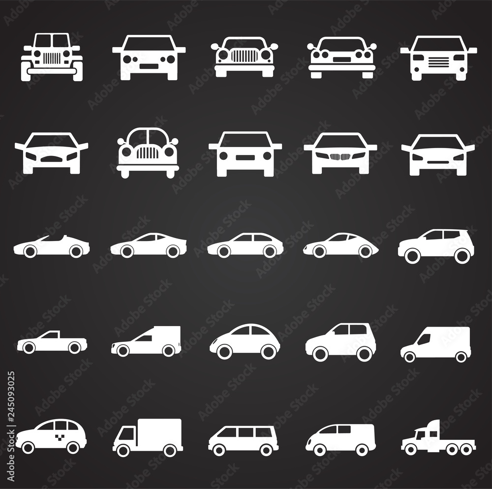 Poster automobile icons set on black background for graphic and web design, modern simple vector sign. inte