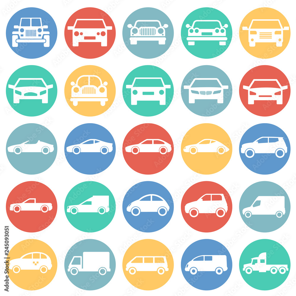 Poster automobile icons set on color circles white background for graphic and web design, modern simple vec