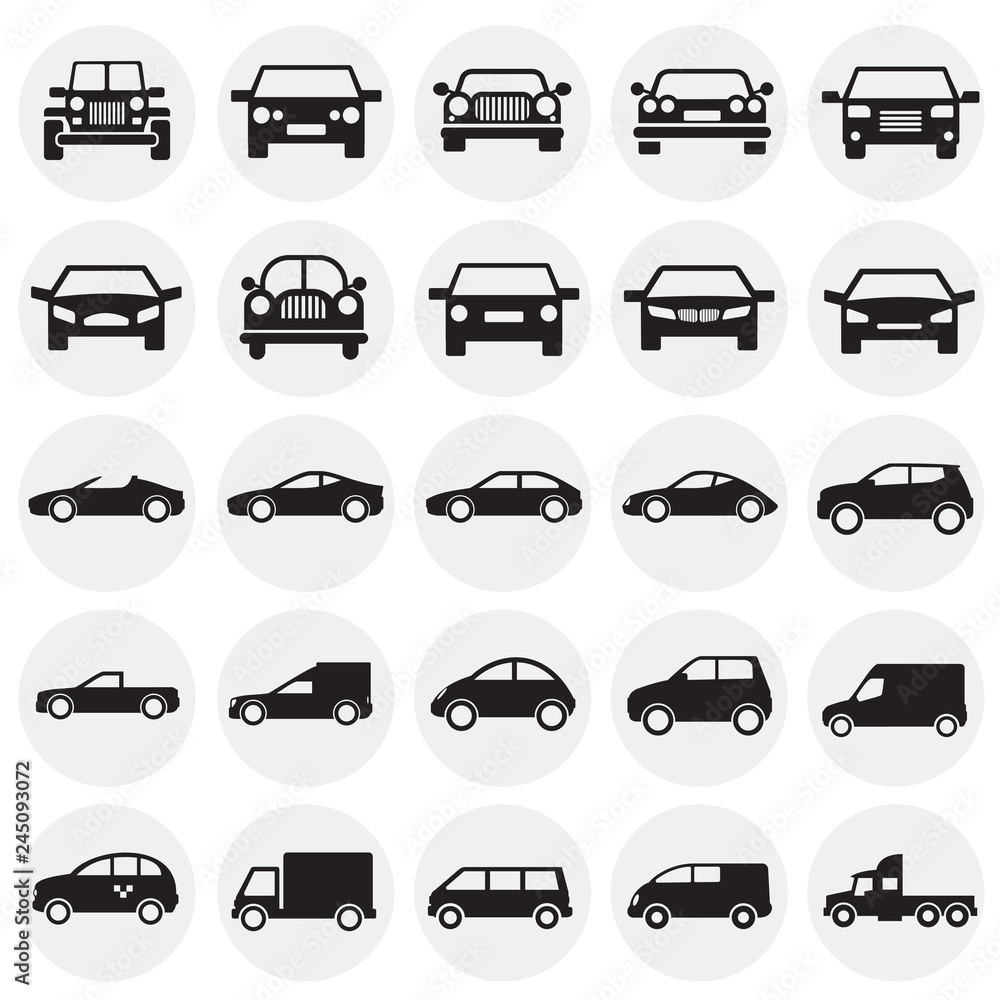 Poster automobile icons set on circles background for graphic and web design, modern simple vector sign. in