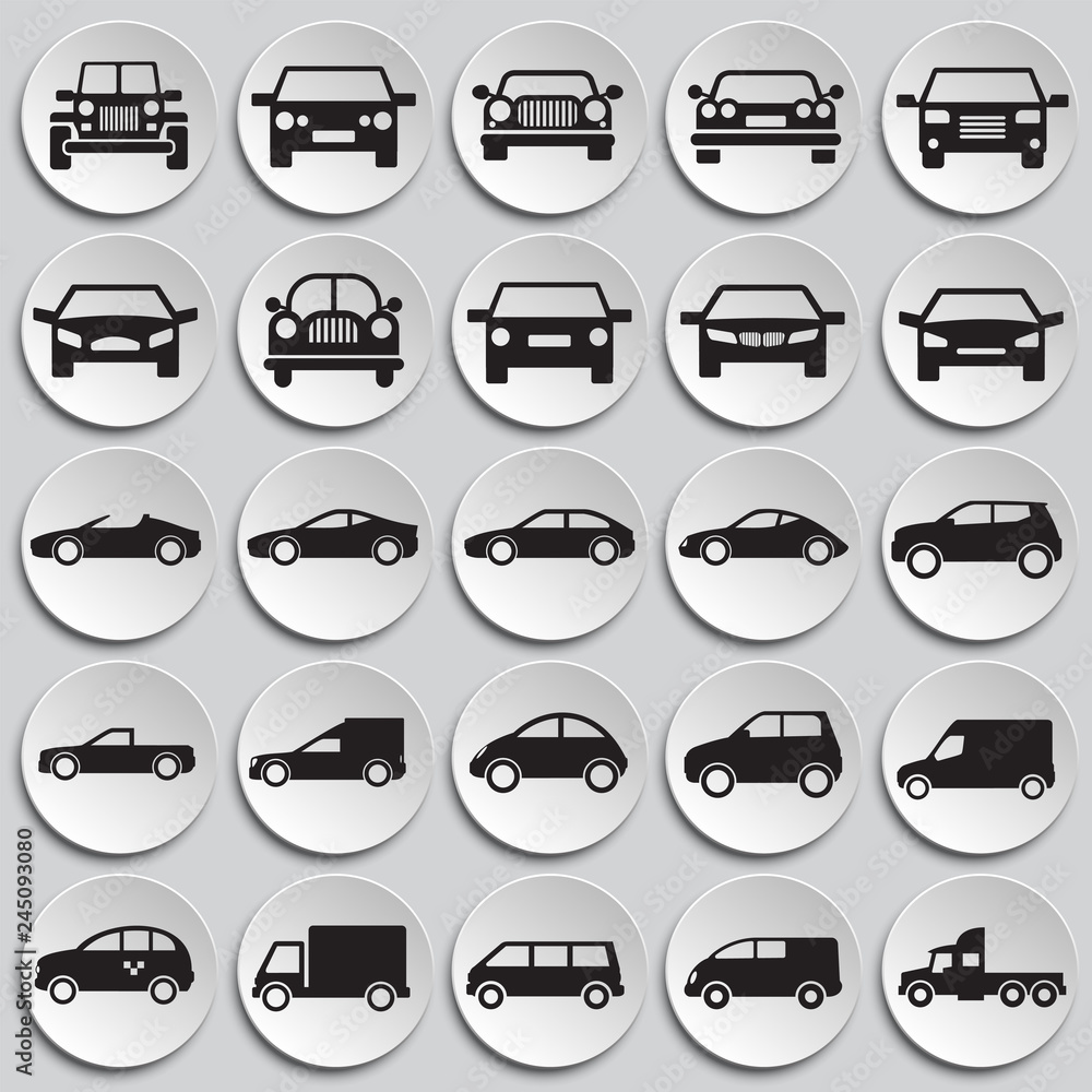 Poster automobile icons set on plates background for graphic and web design, modern simple vector sign. int