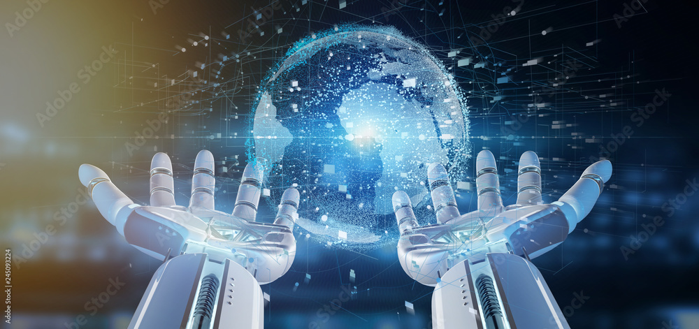 Poster cyborg hand holding a connection around a world globe 3d rendering